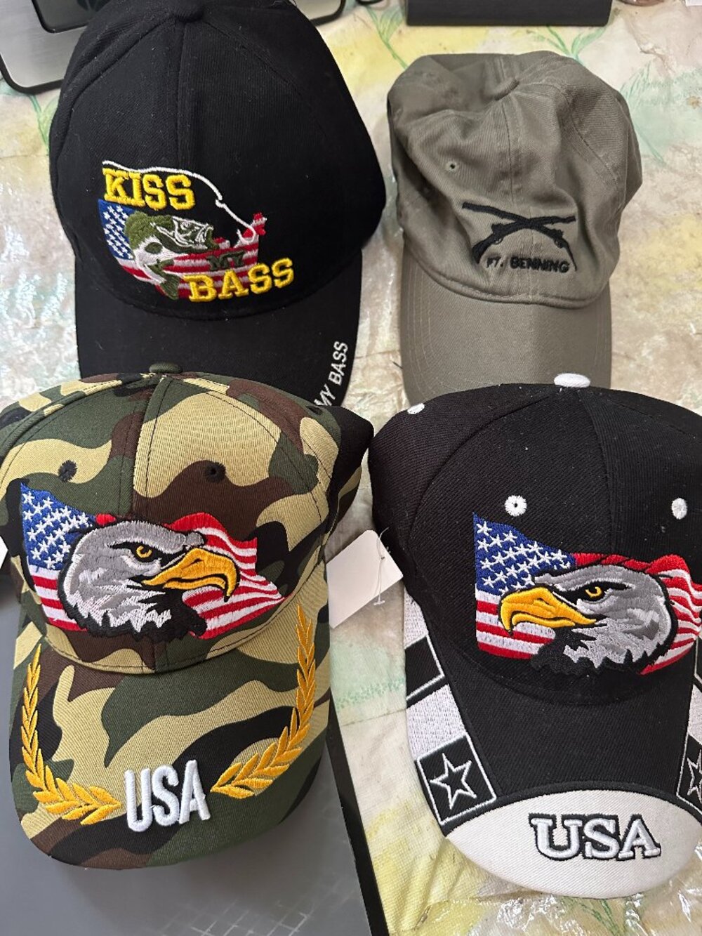 Lot of 4 Adult Patriotic Hats Kiss My Bass USA Flag Eagle Ft Benning Infantry